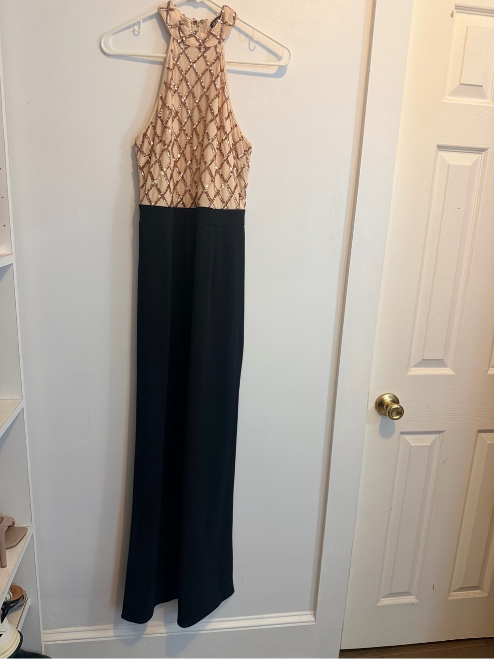 Fashion Nova Black Maxi Dress with Blush Beaded Halter Bodice